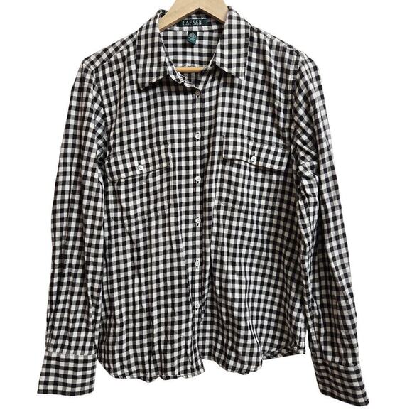Lauren Ralph Lauren Womens Classic Fit Gingham Button-Down Shirt XL Cream Brown - Picture 1 of 9